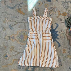 SALONI Tan and White Square Neck Midi Sundress